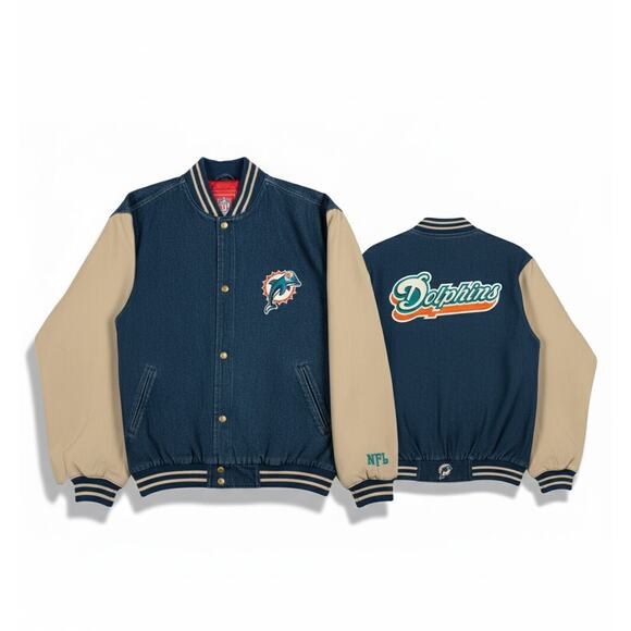 NFL Mens XL Vintage 90s Y2K Miami Dolphins Retro Streetwear Denim Bomber Jacket - Picture 1 of 13